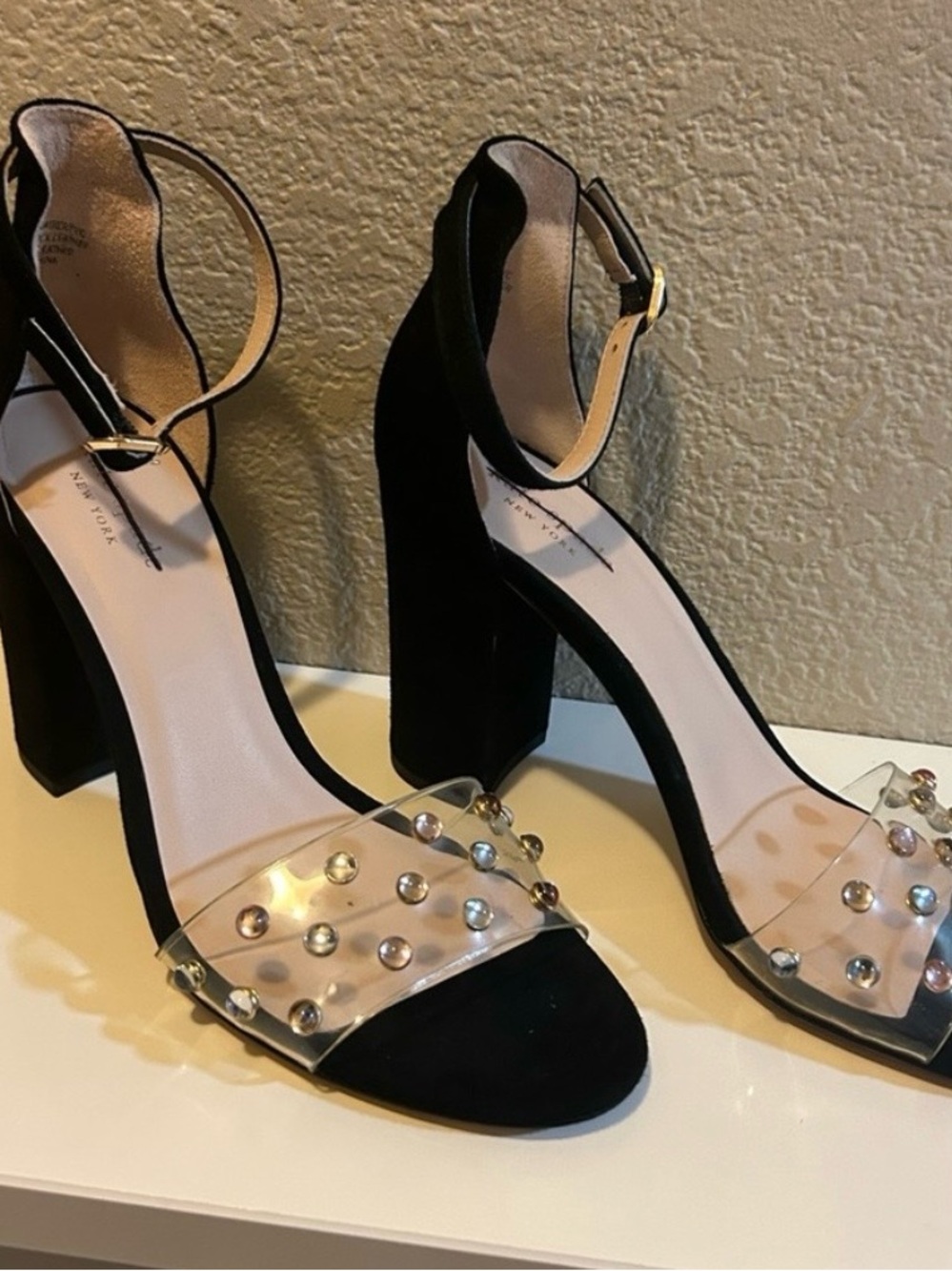 kate spade Black Block Heel Sandals with Studded Clear Strap